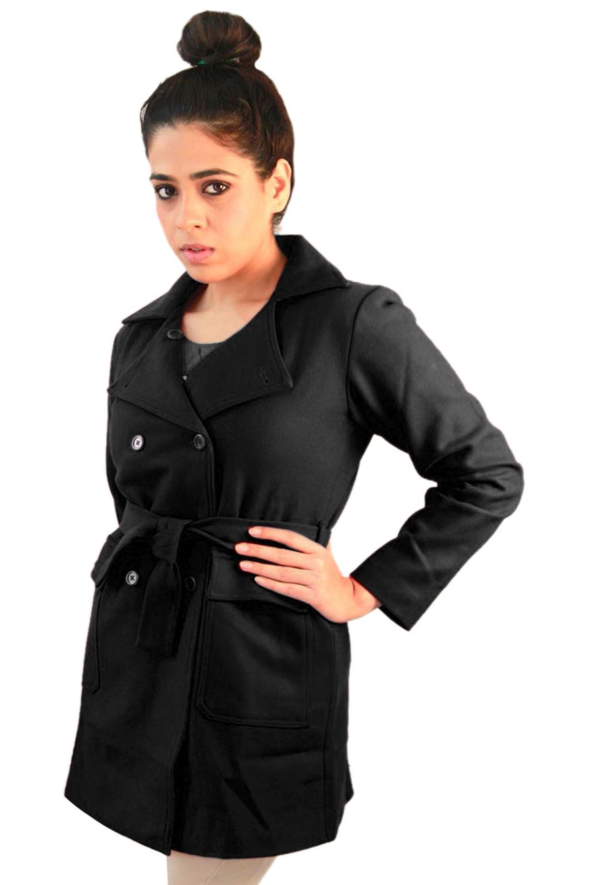 Black Woollen Cropped Trench Coat | Women